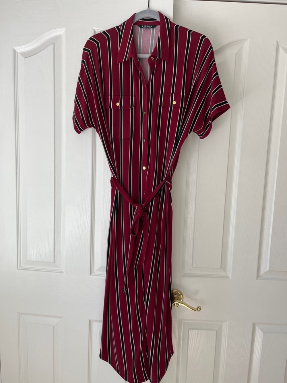 Lauren Ralph Lauren Burgundy Black & White Striped Button-Up midi dress.